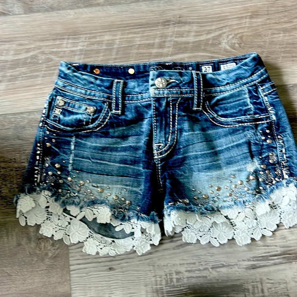 Miss Me denim shorts with white lace fringe
